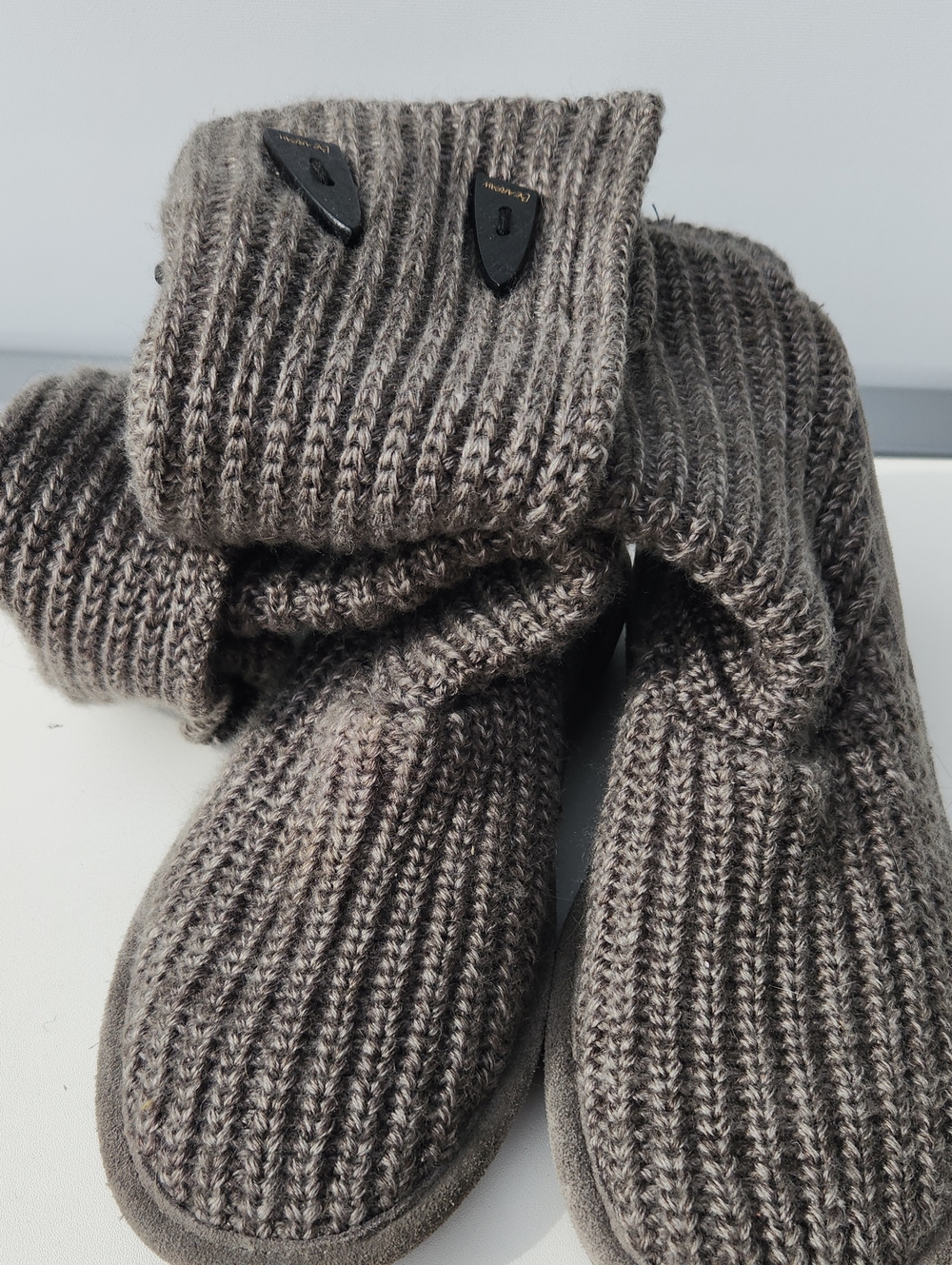 Ladies Knit Boot Slippers in Heather Gray - Cozy Footwear